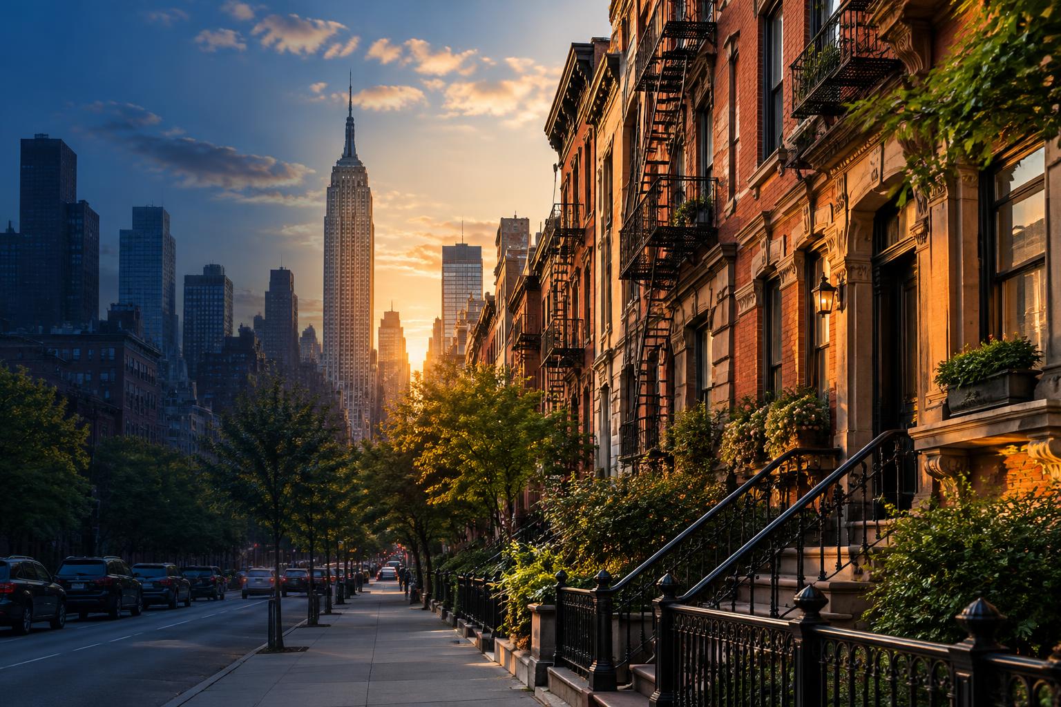 New York skyline beside brick apartment buildings at sunset